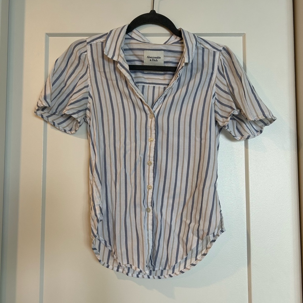 Blue and White Striped Button-Up Shirt with Flutter Sleeves